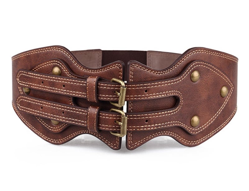 ICSTH Womens Obi Belt Vintage PU Leather Elastic Wide Waist Belt Fashion Retro Wide Belts (92CM) - Image 2